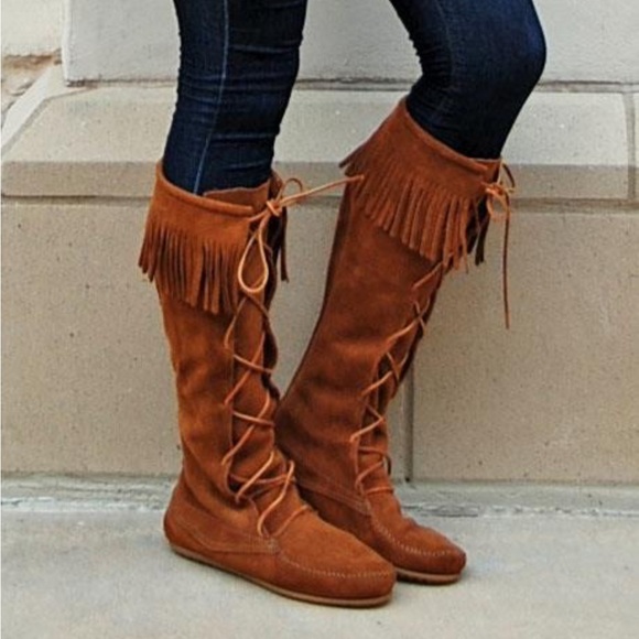 Minnetonka Shoes - Minnetonka Front Lace Up Knee High Tall Boots Moccasin Fringe Brown Suede 10